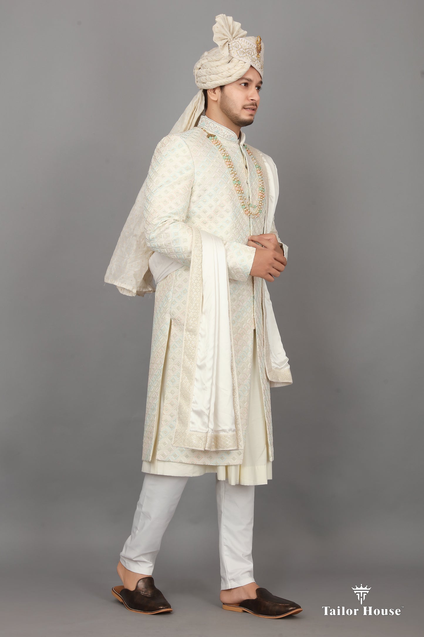 Cream Sherwani Checks