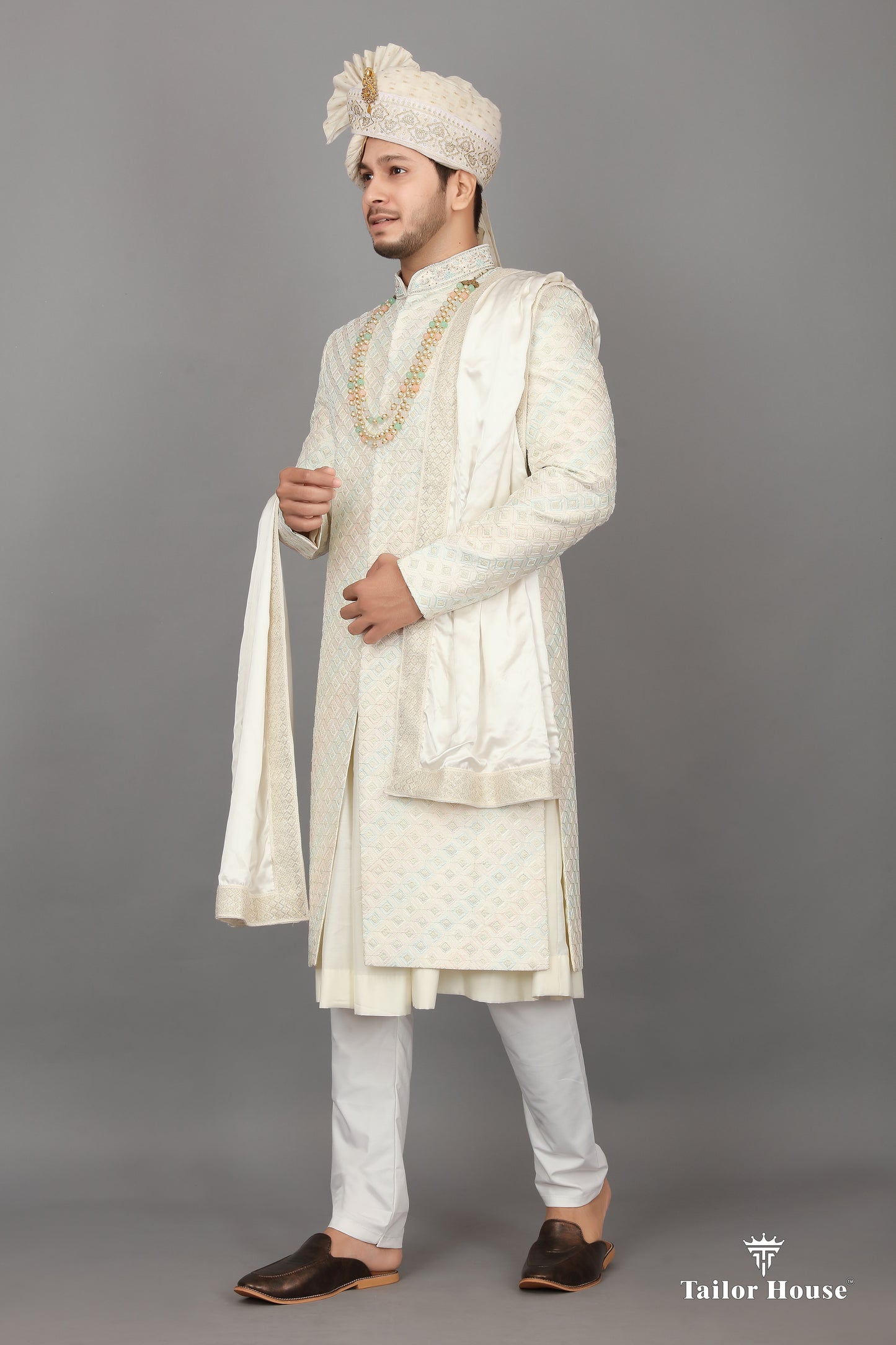 Cream Sherwani Checks