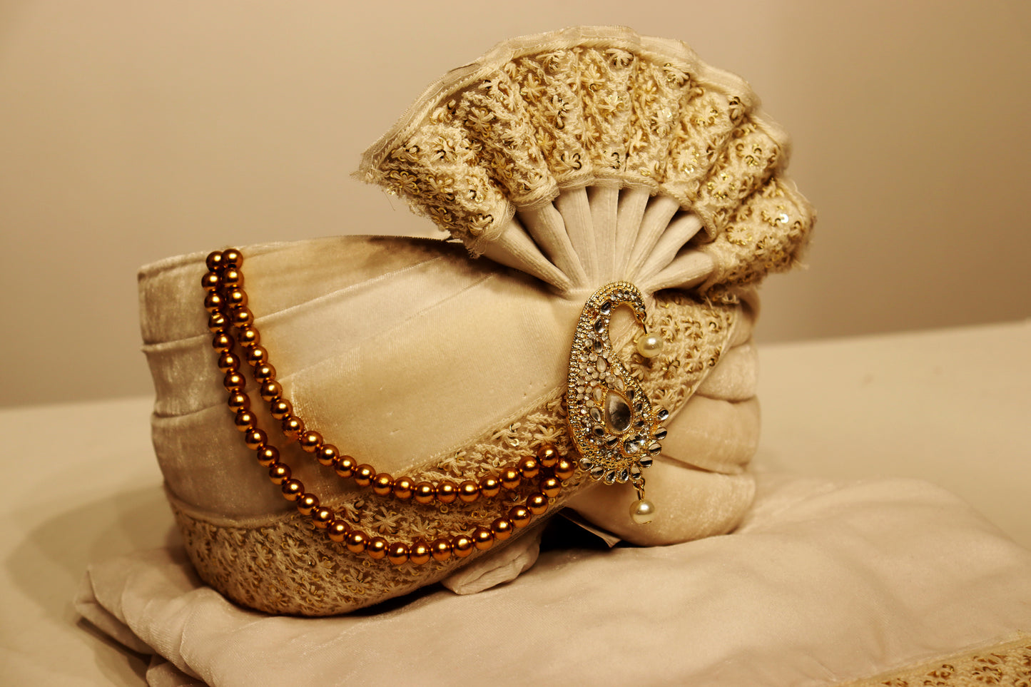 Embroidery White Safa with Peacock Brooch and Dupatta