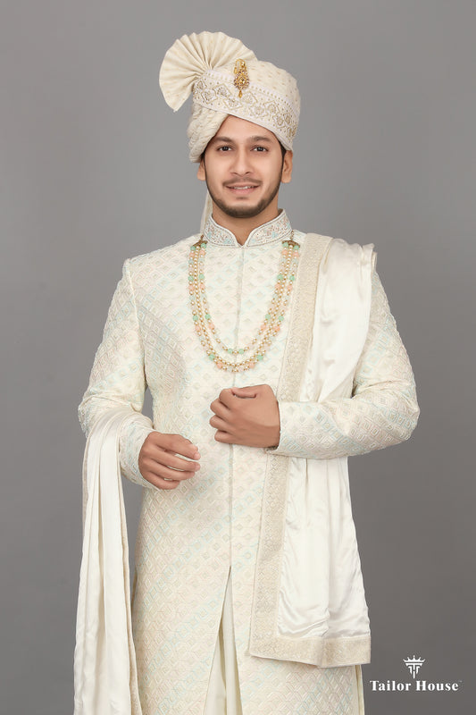 Cream Sherwani Checks