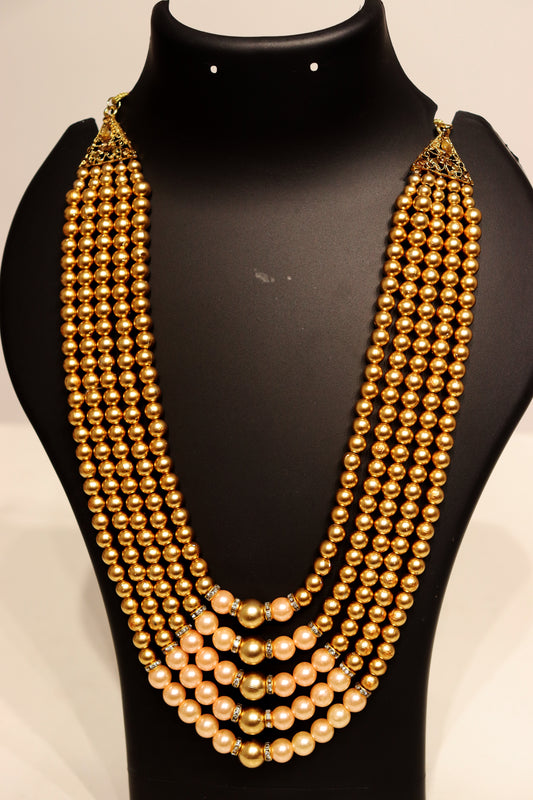 Gold Pearl and Pink Stone Layered Mala