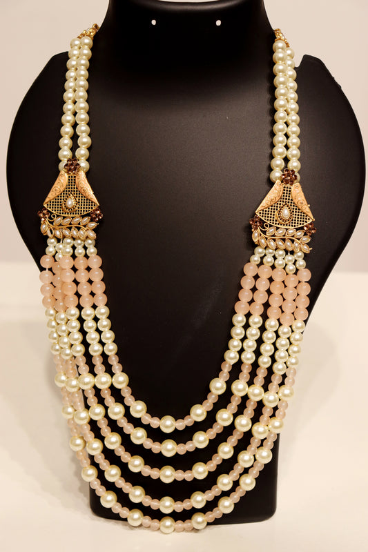 Pearl and Pink Stone Pendant Mala