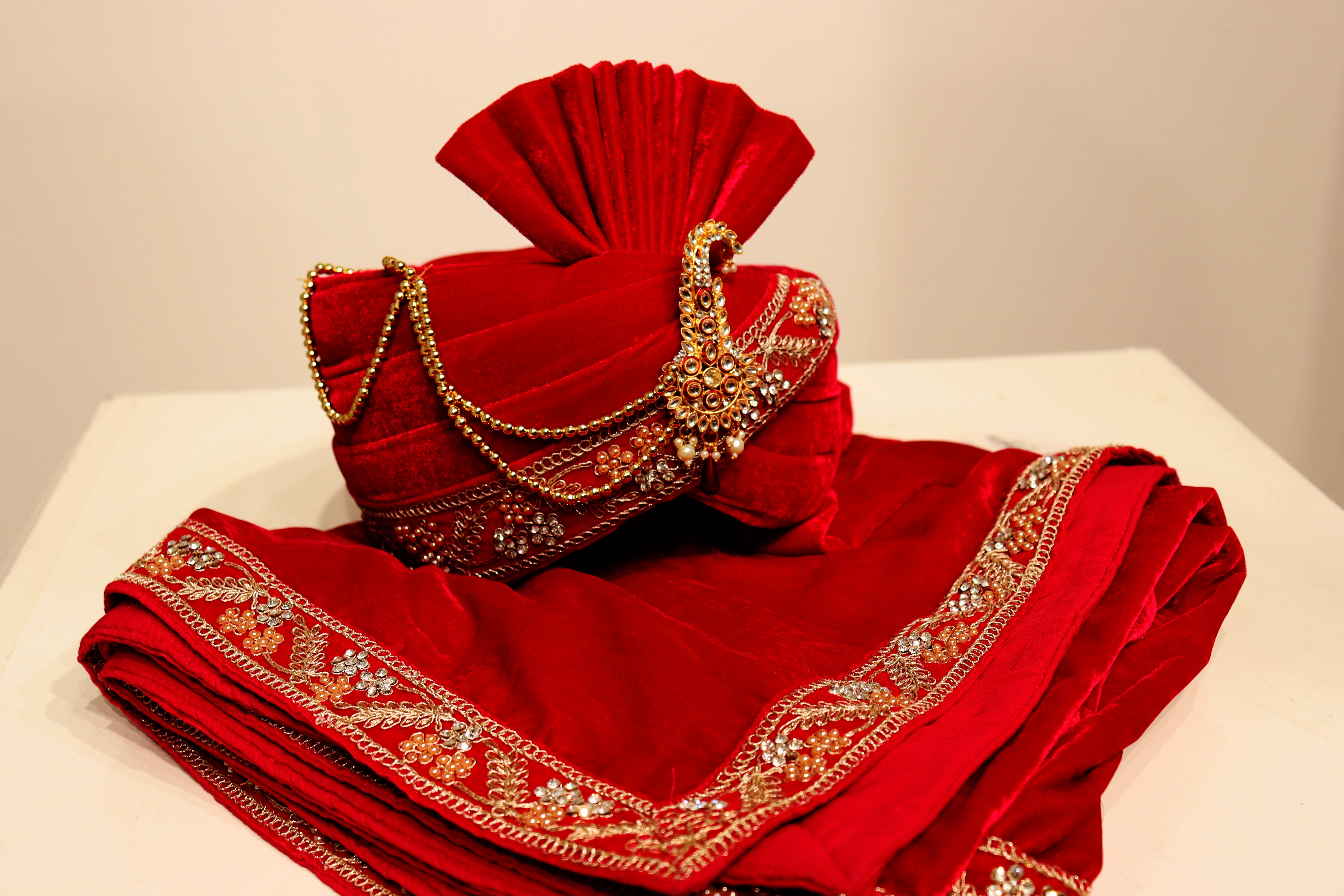 Velvet Red Gold Embroidery Safa And Dupatta