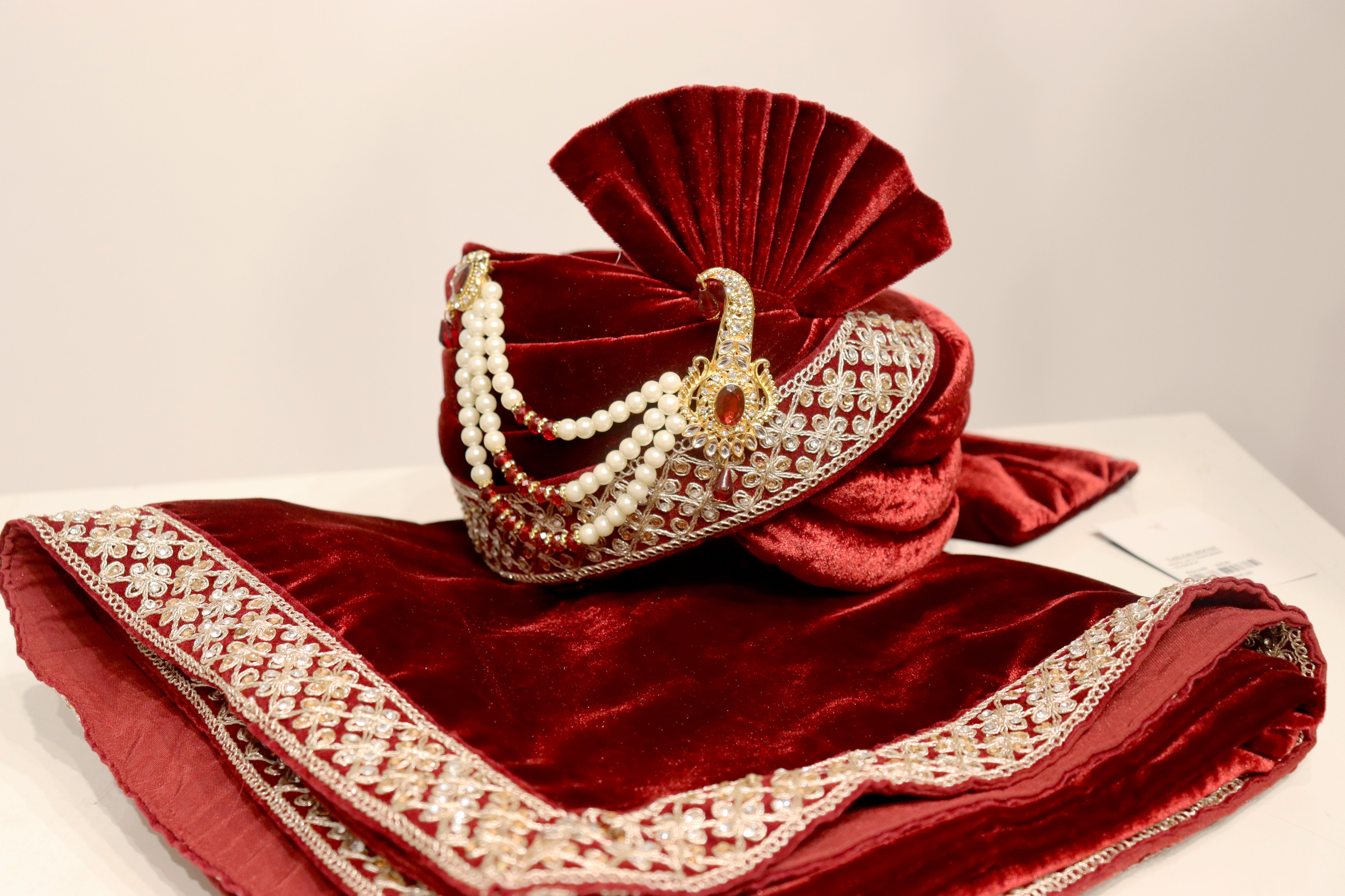 Royal Maroon Velvet Embroidery Safa & Dupatta