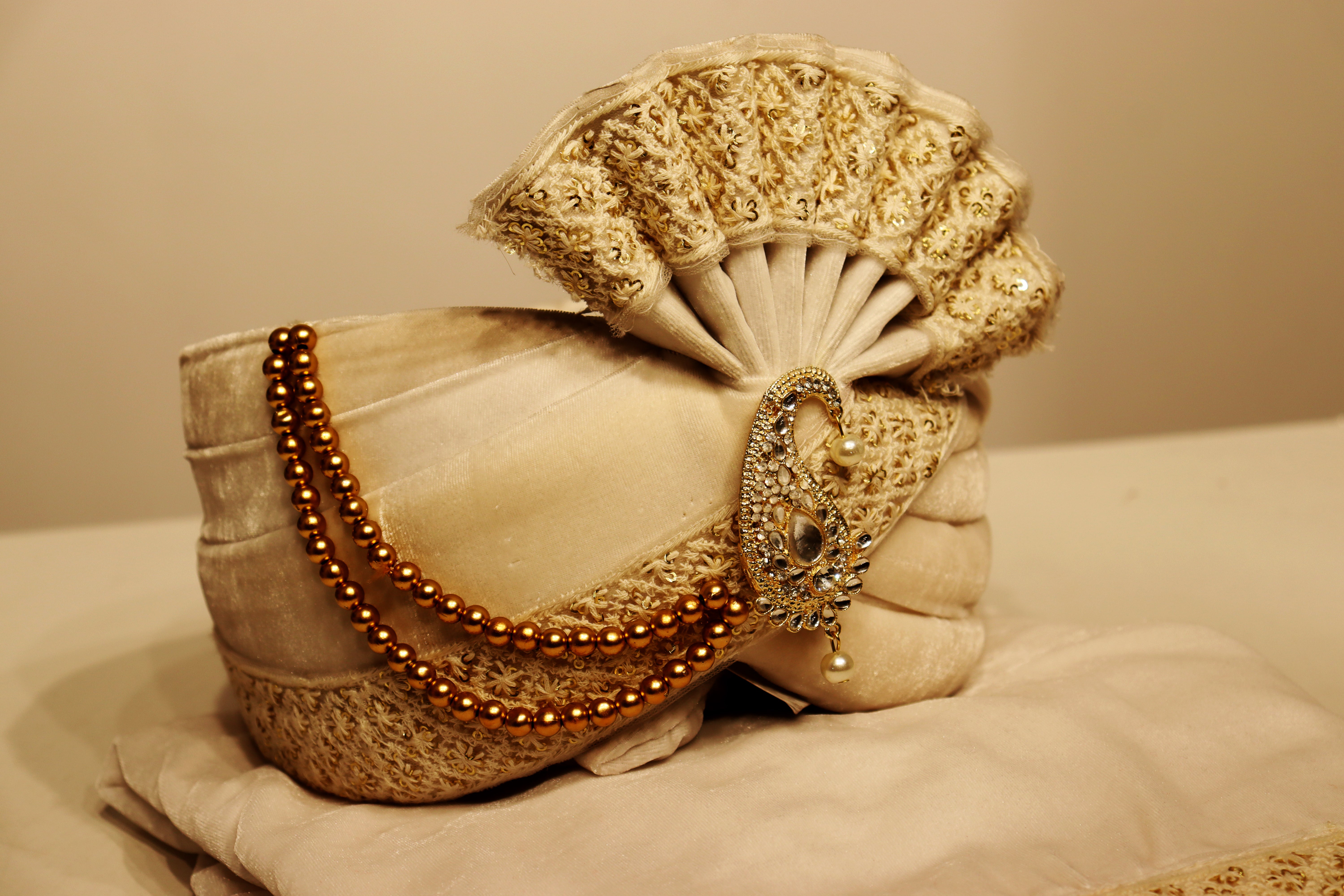 Embroidery White Safa with Peacock Brooch and Dupatta